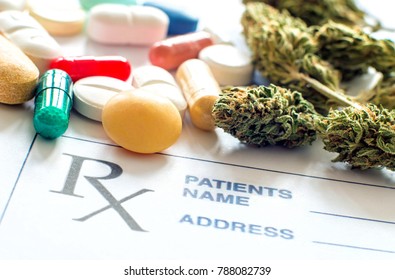 Prescription pills with medical cannabis and prescription paper