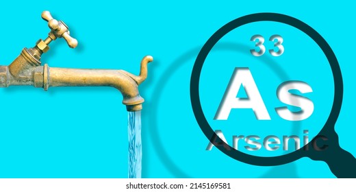 Presence Of Arsenic In Drinking Water - Concept With The Mendeleev Periodic Table, Old Water Brass Faucet And Magnifying Glass