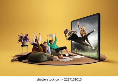 Presence effect. Astonished thrilled youth, girls and boys sitting in front of huge 3D model of TV screen at home interior and watching online broadcast of american football match. Winner emotions - Powered by Shutterstock