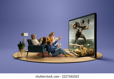 Presence effect. Shocked thrilled youth, girls and boys sitting in front of huge 3D model of TV screen at home interior and watching online broadcast of american football match - Powered by Shutterstock