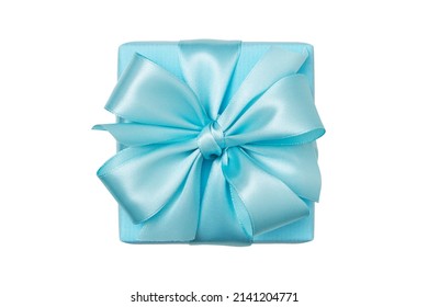 Present Box Wrapped In Blue Craft Paper With Shiny Satin Bow Isolated On White Background