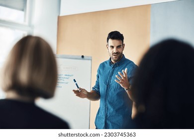 Presentation board, workshop meeting and man training, coaching or teaching audience, trade show event or seminar. Discussion, info and business leader, speaker or person talking to conference group - Shutterstock ID 2303745363