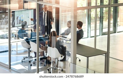 Presentation, charts and business people in meeting at office for corporate revenue, profit and finance data. Statistics, discussion and financial advisors with company stock investment strategy. - Powered by Shutterstock