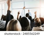 Presentation, conference and man with audience questions for workshop, office meeting and speech. Entrepreneurship, business training and men and women in seminar, tradeshow and convention event