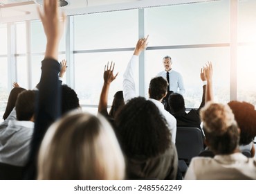 Presentation, conference and man with audience questions for workshop, office meeting and speech. Entrepreneurship, business training and men and women in seminar, tradeshow and convention event