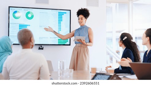 Presentation, data and motivation, woman at meeting in office with graphs and charts for statistics at startup. Analytics, performance report and manager with feedback speaking at training seminar. - Powered by Shutterstock