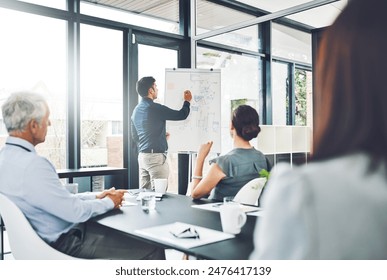 Presentation, graphs or businessman by board for writing, growth stats or revenue in meeting. Charts results, report or speaker teaching for training or sales coaching for learning in modern office - Powered by Shutterstock