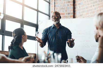 Presentation, man and meeting on whiteboard in office for feedback, planning and ideas of strategy development. Male presenter, leadership and workshop for coaching group with business proposal pitch - Powered by Shutterstock