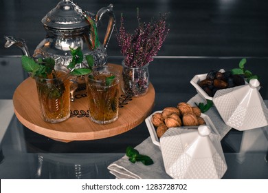 Presentation Of A Morrocan Platter With Mint Tea And Healthy Food