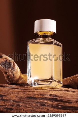 Presentation of perfume with wooden notes on brown background.
