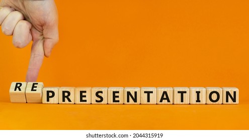 Presentation representation symbol. Businessman turns cubes, changes words presentation to representation. Beautiful orange background, copy space. Business, presentation or representation concept. - Shutterstock ID 2044315919
