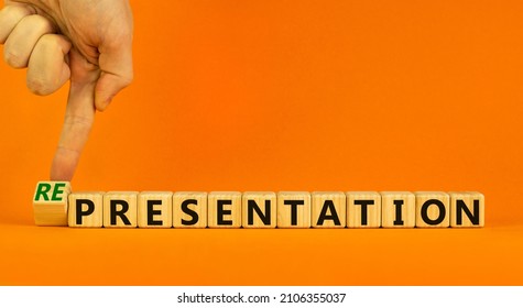 Presentation representation symbol. Businessman turns a cube, changes words presentation to representation. Beautiful orange background, copy space. Business, presentation or representation concept.