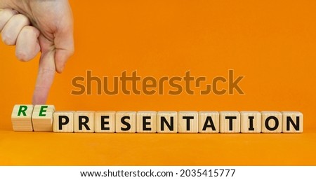 Presentation representation symbol. Businessman turns cubes, changes words presentation to representation. Beautiful orange background, copy space. Business, presentation or representation concept.