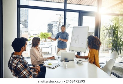 Presentation, whiteboard and meeting with team, chart and sales projection for planning. Manager, analysis and strategy communication for financial advisor people, investment and data for feedback - Powered by Shutterstock