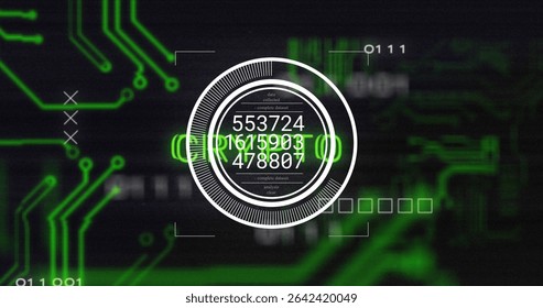 Presenting central circular data interface at HUD, with numeric datasets, circuit and binary code. Technology, interface, visualization, futuristic, cybersecurity, digital, analytics