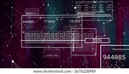 Presenting central schematic keyboard overlay in virtual data network, with floating numeric panels. Technology, data, connectivity, digital, innovation, cybersecurity, analytics