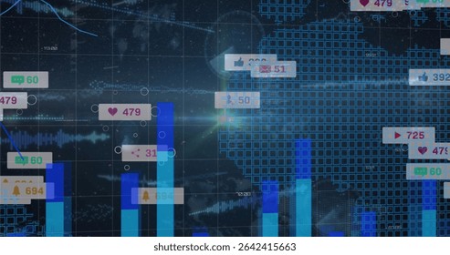 Presenting data dashboard with rising blue bar charts and social media icons on world map grid. Analytics, visualization, digital, technology, interface, network, science