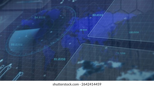 Presenting interface displaying world map in control panel, with numeric readouts and radar overlay. Technology, innovation, futuristic, data analytics, visualization, interface, cyber