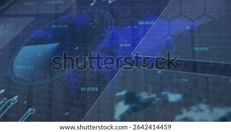 Presenting interface displaying world map in control panel, with numeric readouts and radar overlay. Technology, innovation, futuristic, data analytics, visualization, interface, cyber