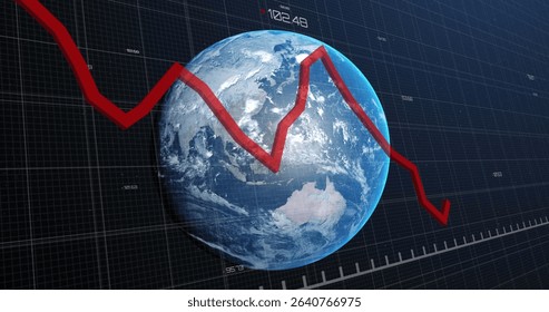 Presenting planet Earth against dark blue grid with red downward trending graph numeric data labels. Global finance, data analytics, economic downturn, digital visualization, market trends, investment