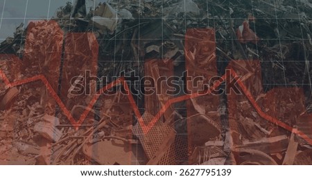 Presenting red bar and line graph grid overlay in scrapyard, with metal mesh, scrap metal pieces. Industrial, finance, data visualization, analytics, construction, machinery, technology
