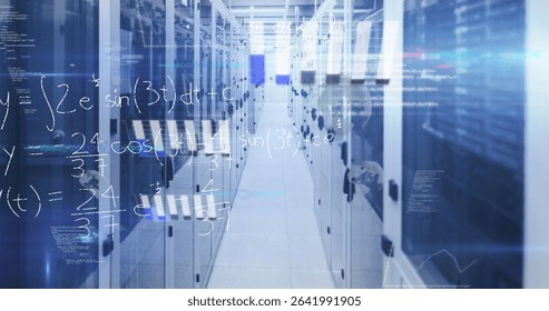 Presenting server aisle in server room showing code overlays and LED lights, with network cables. Data center, technology, cybersecurity, digital, futuristic, infrastructure, network - Powered by Shutterstock - Get 15% off with code: PIKWIZARD15