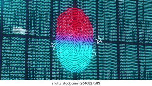 Presenting stylized fingerprint graphic on screen over data grid with white arrows showing security. Futuristic, digital, biometric, security, technology, interface, data visualization