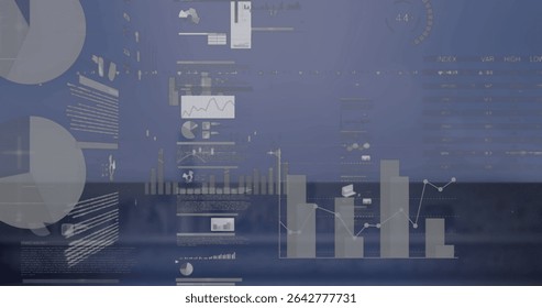 Presenting three translucent bar charts with overlaid line graph on analytics dashboard with tables. Utopia, data visualization, digital interface, futuristic, business intelligence, technology,