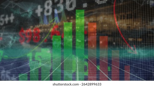 Presenting translucent 3D bar chart in trading dashboard, with trend arrows and floating data. Financial, analytics, futuristic, digital, technology, data, investment - Powered by Shutterstock - Get 15% off with code: PIKWIZARD15