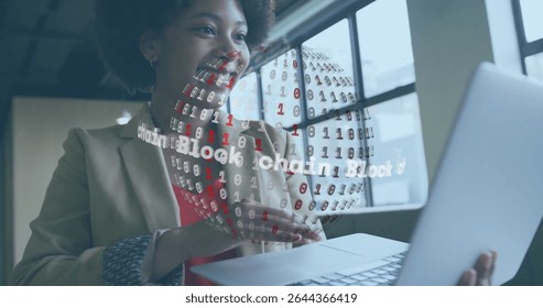 Presenting woman in blazer gesturing at rotating blockchain globe hologram in office holding laptop. Technology, innovation, futuristic, professional, digital, enterprise, business - Powered by Shutterstock - Get 15% off with code: PIKWIZARD15