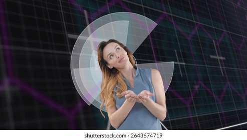 Presenting woman wearing blue blouse gesturing in virtual set, with grid and chart overlay. Data visualization, business, analytics, infographic, professional, corporate, modern