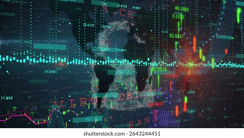 Presenting world map silhouette pulsing with vivid candlestick charts on grid, with financial data. Abstract, visualization, analytics, digital, futuristic, data, technology