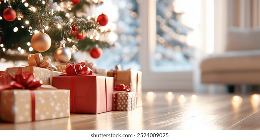 presents under a christmas tree and cozy lighting - Powered by Shutterstock