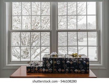 Presents Under A Square, White Window With A Snowy Scene Outside