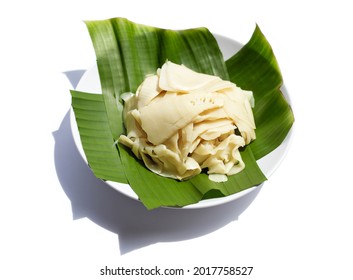 Preserved Bamboo Shoot On Bannana Leaf In White Plate