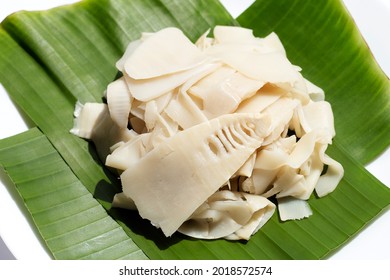 Preserved Bamboo Shoot On Bannana Leaf In White Plate