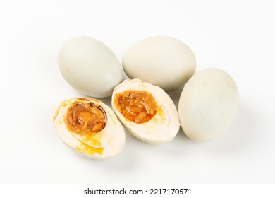 Preserved Salted Duck Eggs With Egg Yolk On White Background