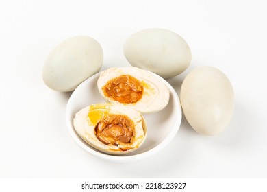 Preserved Salted Duck Eggs With Egg Yolk On White Background