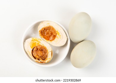 Preserved Salted Duck Eggs With Egg Yolk On White Background