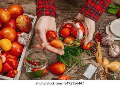 Preserved season vegetable concept. Harvest of tomato, chili, greens, onion and garlic. Woman's hands prepare ingredients for canned food, cooking process. Healthy recipes, home cuisine, top view - Powered by Shutterstock