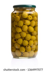 preserving jar with olives on white background 