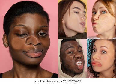 Preset made of close-up faces of young girls and boys crushed on glass isolated on colored background. Concept of human emotions, diversity. Multi ethnic models leaning against transparent glass