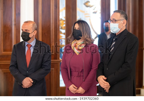 Libya’s\
Presidency Council member, Abdullah Al-Lafi, Minister of Foreign\
Affairs Najla Mangoush, and Minister of Economy and Trade of Libya,\
Mohammed Al Hweij, Tripoli, Libya 17 March\
2021