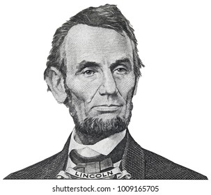 President Abraham Abe Lincoln Face Portrait On 5 Dollar Bill Isolated, Five Usd, US Money Closeup