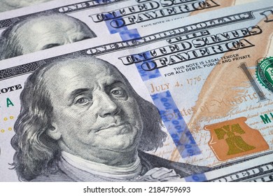 President Benjamin Franklin On 100 US Dollar Bill. Glogal Reserve Currency. Cash Money. Currency Background. Closeup View.