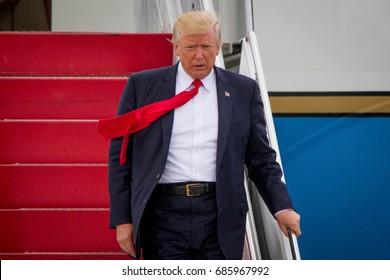President Donald Trump disembarks Air Force One in Ronkonkoma, NY, Friday, July 28, 2017.