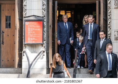 President Donald Trump, Ivanka Trump, Eric Trump And Their Families Exit The Funeral Of Ivana Trump At St. Vincent Ferrer Roman Catholic Church July 20, 2022 In New York City.