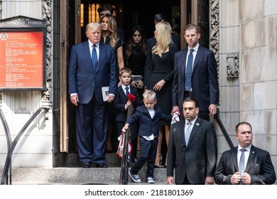 President Donald Trump, Ivanka Trump, Eric Trump And Their Families Exit The Funeral Of Ivana Trump At St. Vincent Ferrer Roman Catholic Church July 20, 2022 In New York City.