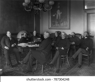President Grover Cleveland and his cabinet, 1888-89. L-R: The President; Charles S. Fairchild, Treasury; William C. Whitney, Navy; Thomas Bayard, State; Augustus Garland, Attorney-General; William C.