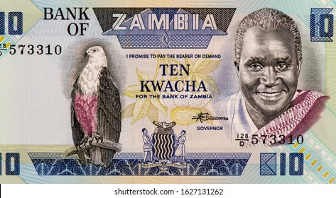 President Kenneth Kaunda. Portrait From Zambia 10 Kwacha 1986  Banknotes. 